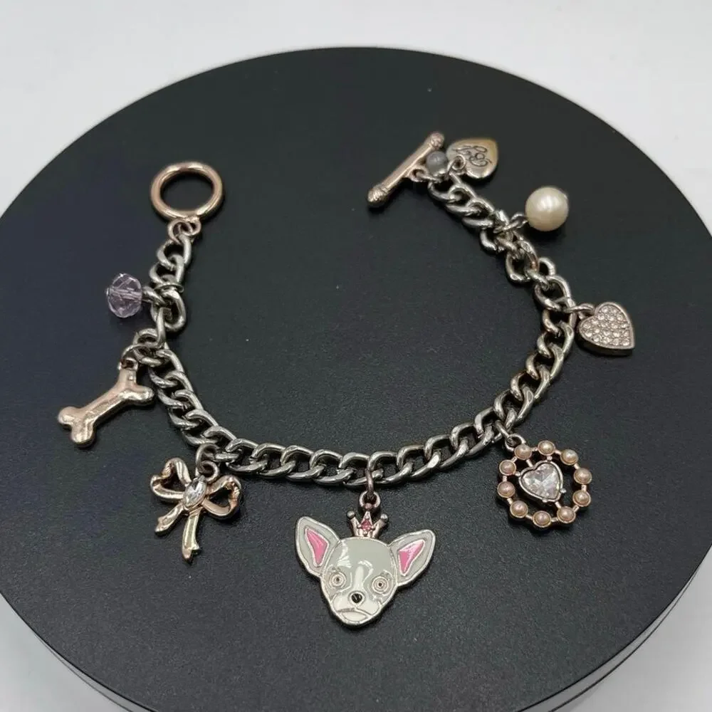 Betsey Johnson Love Me Chihuahua Dog Bone Heart Charm Bracelet Rare Rose Gold‎